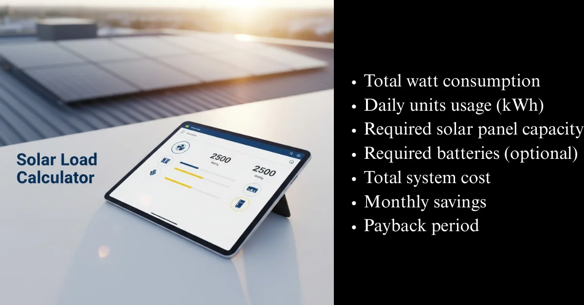 Solar Load Calculator showing home appliances load, solar panel capacity and energy estimation