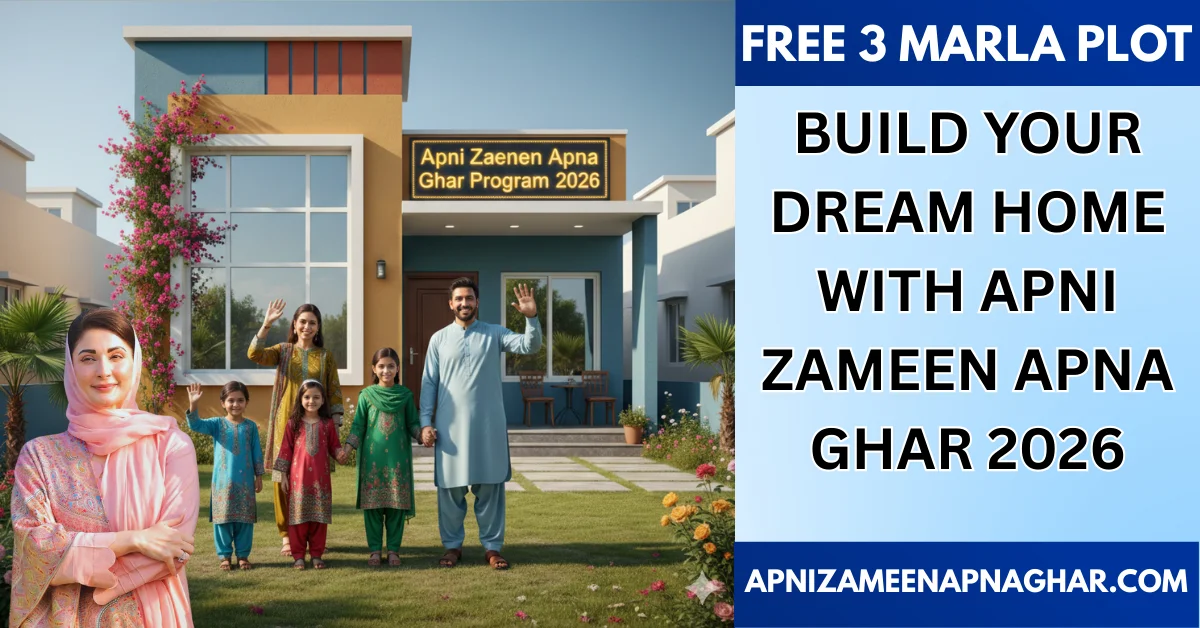 Pakistani family in front of their new 3 Marla house under Apni Zameen Apna Ghar Program 2026 Maryam Nawaz 3 Marla Plot