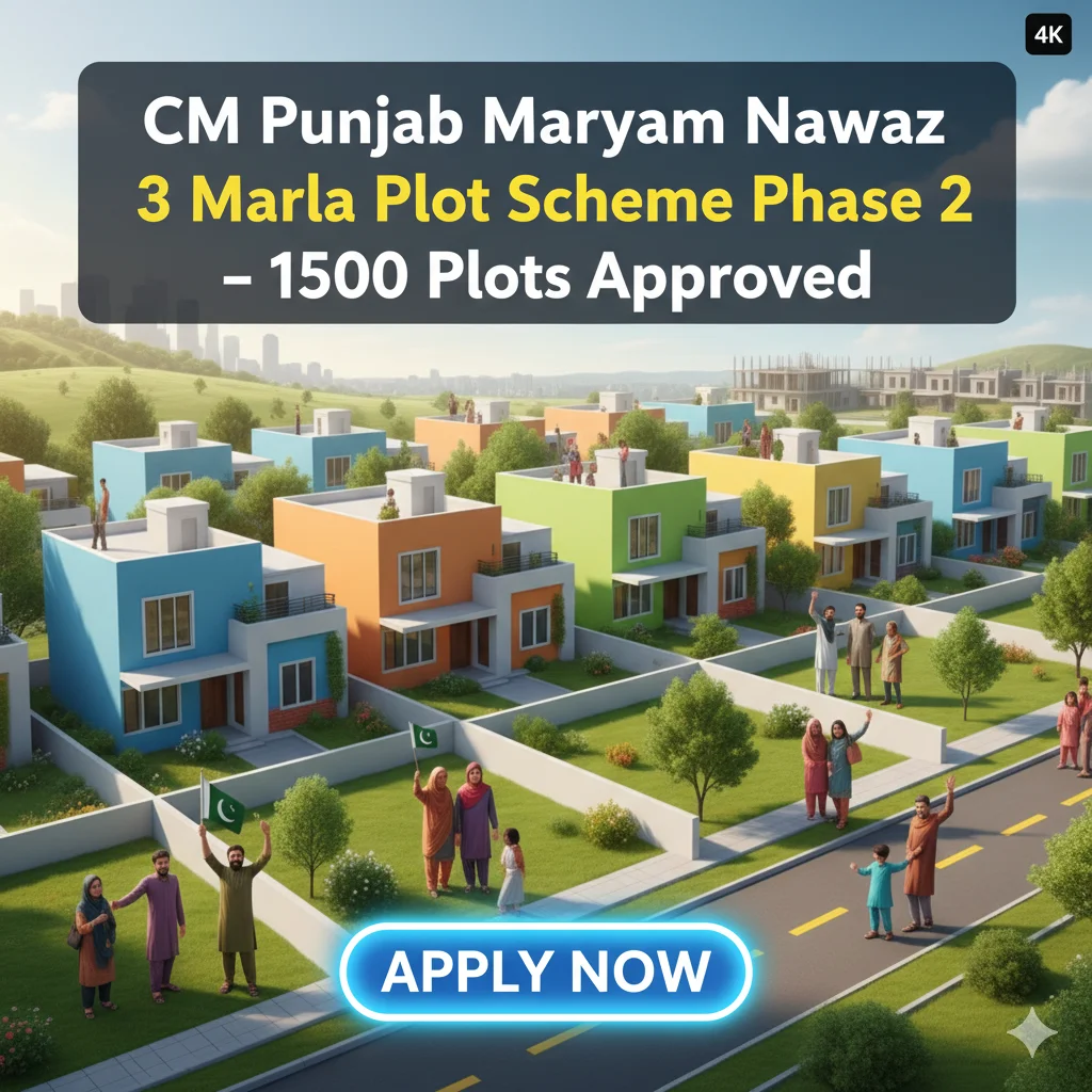 CM Punjab Maryam Nawaz 3 Marla Plot Scheme Phase 2 launch showing 1500 approved plots with families celebrating and Apply Now button