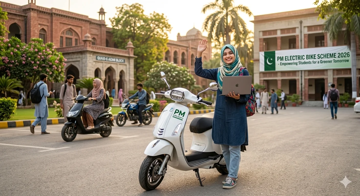A happy Pakistani female university student in a hijab, holding a laptop and standing next to a white electric scooter in a campus parking area under a "PM Electric Bike Scheme 2026" banner.