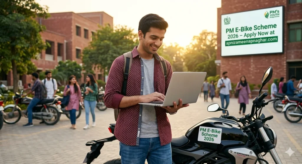 A young Pakistani male university student using a laptop to apply for the PM E-Bike Scheme 2026, standing next to a modern black motorcycle on a sunny campus with a digital banner in the background.