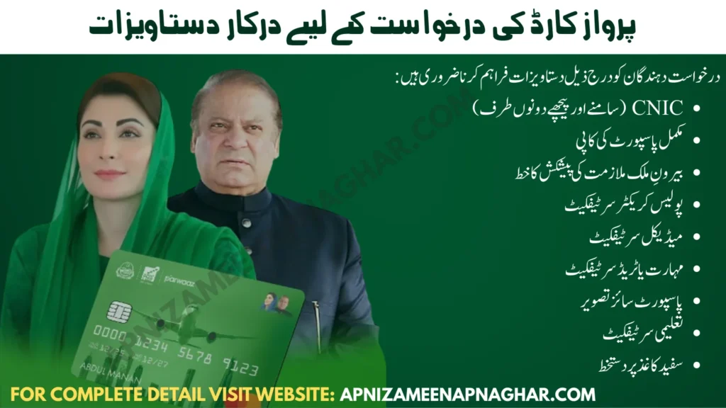 Documents required for Parwaaz Card application including CNIC, Passport, Job Offer Letter, Police Certificate, Medical Certificate, and Skill Certificate for Punjab residents