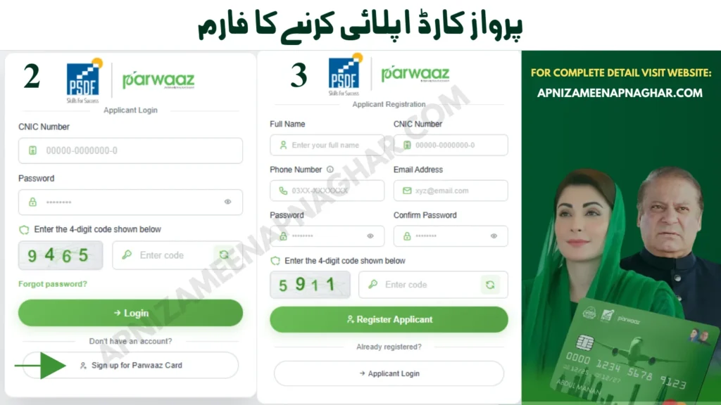 Parwaaz Card online signup form showing required details including full name, CNIC, mobile number, email, NTN, and loan category