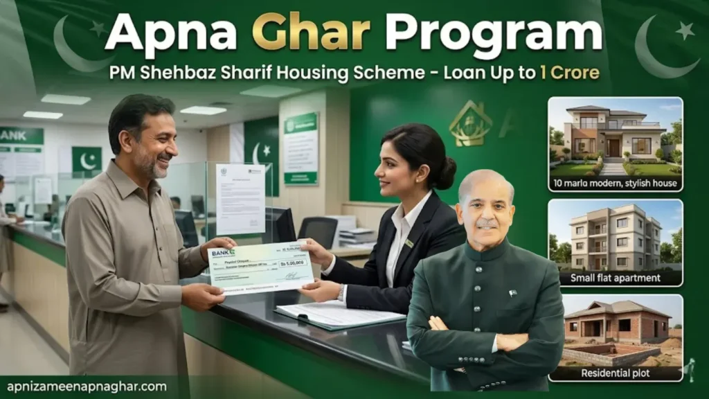 Apna Ghar Program PM Shehbaz Sharif housing scheme bank officer giving 50 lac loan cheque to happy man with house plot and apartment shown