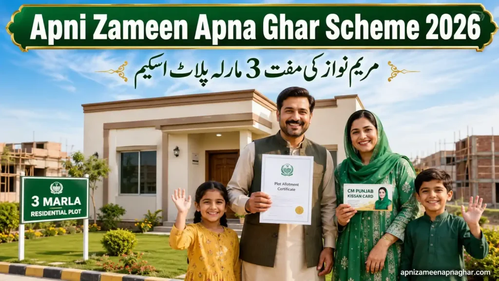 Apni Zameen Apna Ghar Scheme 2026 happy family with 3 Marla plot allotment document and CM Punjab housing scheme