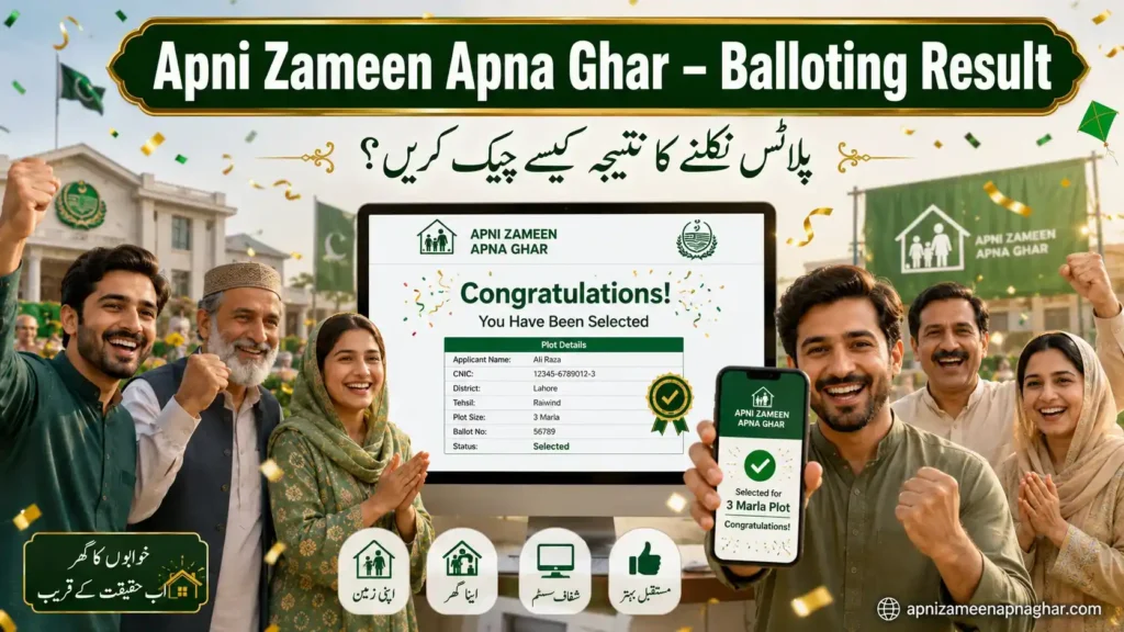 Apni Zameen Apna Ghar balloting result 2026 check online CNIC selection congratulations