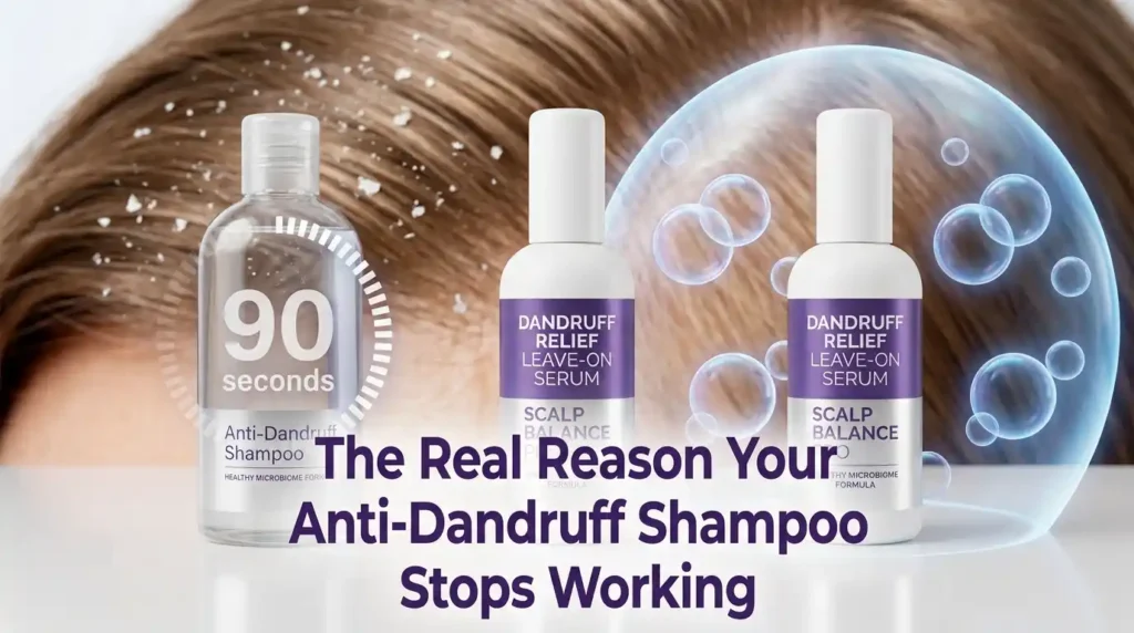 Split-screen feature image showing dandruff flakes and a 90-second rinse-off shampoo on one side, and a leave-on anti-dandruff serum protecting a healthy scalp on the other, with the title “The 90-Second Mistake That Keeps Your Dandruff Alive”.