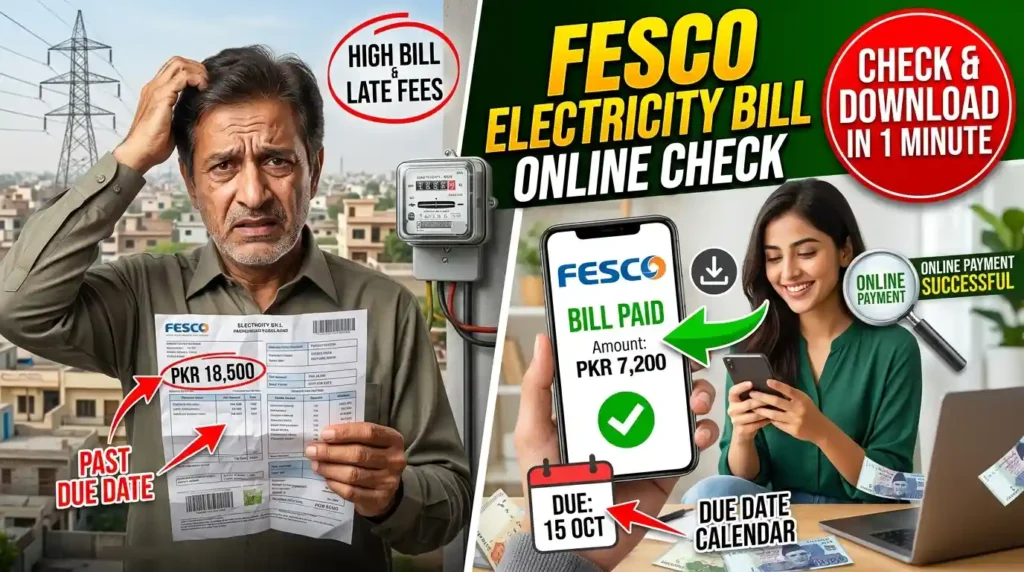 FESCO Electricity Bill Online Check guide showing how to check and download FESCO bill using reference number