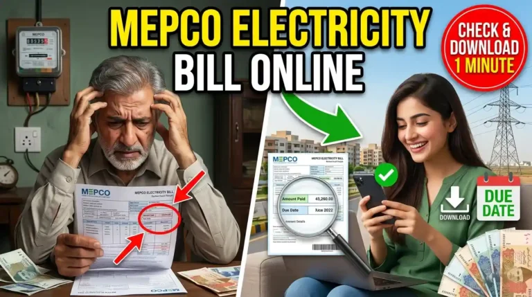 MEPCO Electricity Bill Online guide showing how to check and download MEPCO bill using reference number