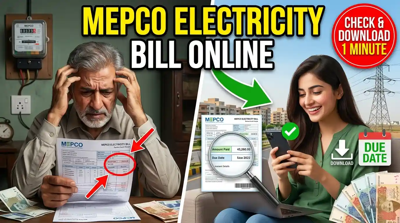 MEPCO Electricity Bill Online guide showing how to check and download MEPCO bill using reference number